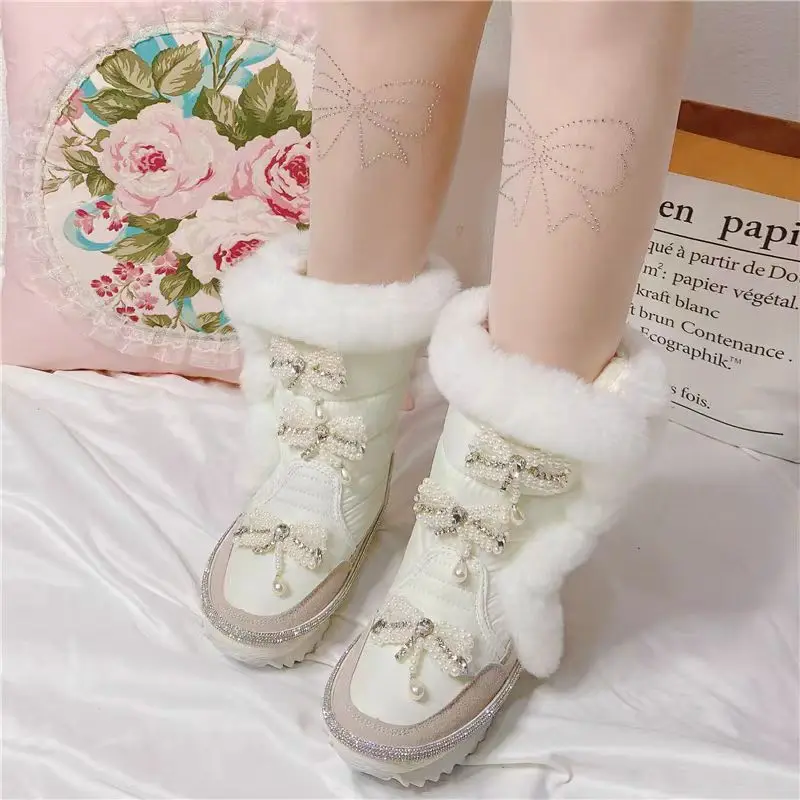 Winter thickened mid-calf snow boots, white pearl water diamond fringed thick-soled women's cotton shoes 35-40