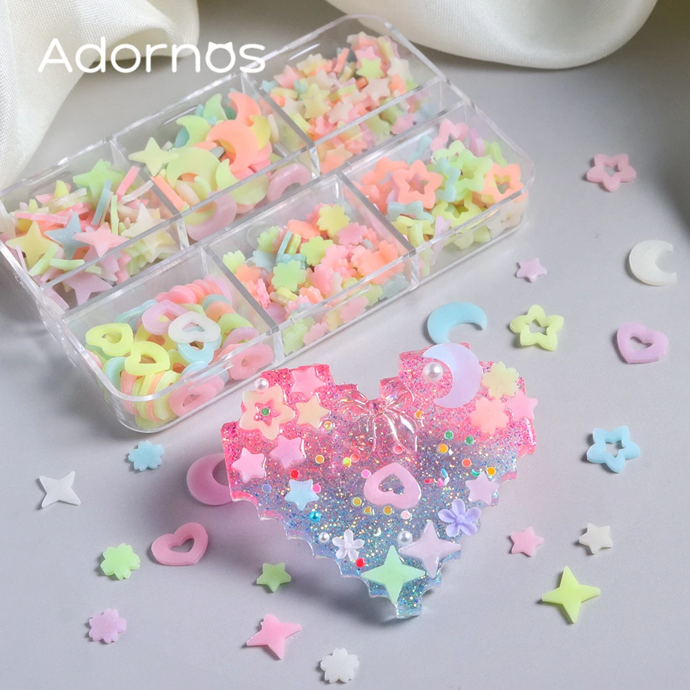 6 Grids Luminous Stars Cherry Blossom Epoxy Resin Filler Green Light Moon Love Heart Soft Clay Summer DIY Keychain Making