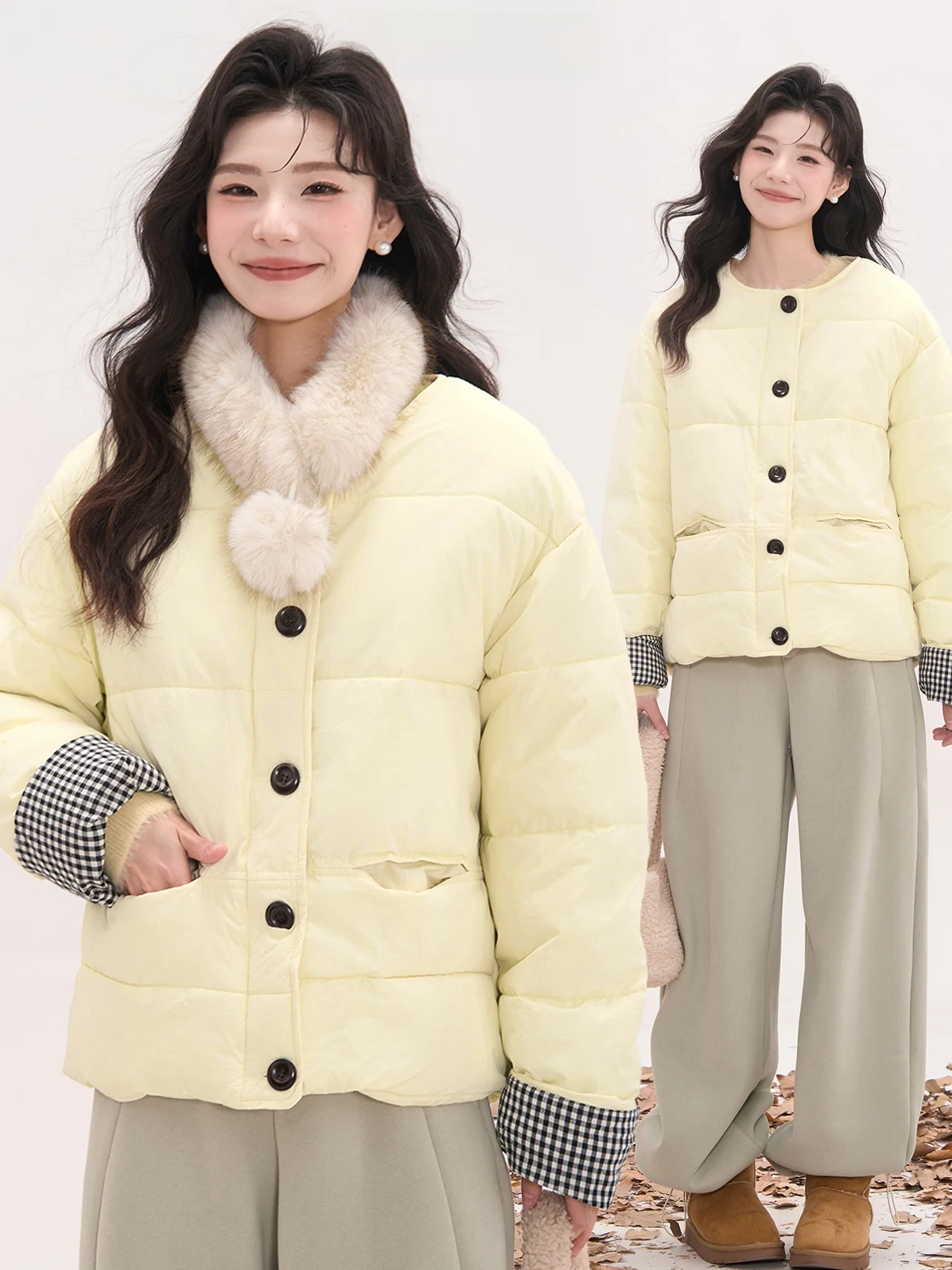 

Женское утепленное пальто Sweet Sle из хлопка в клетку с длинными рукавами, круглым воротником и застежкой на одну пуговицу