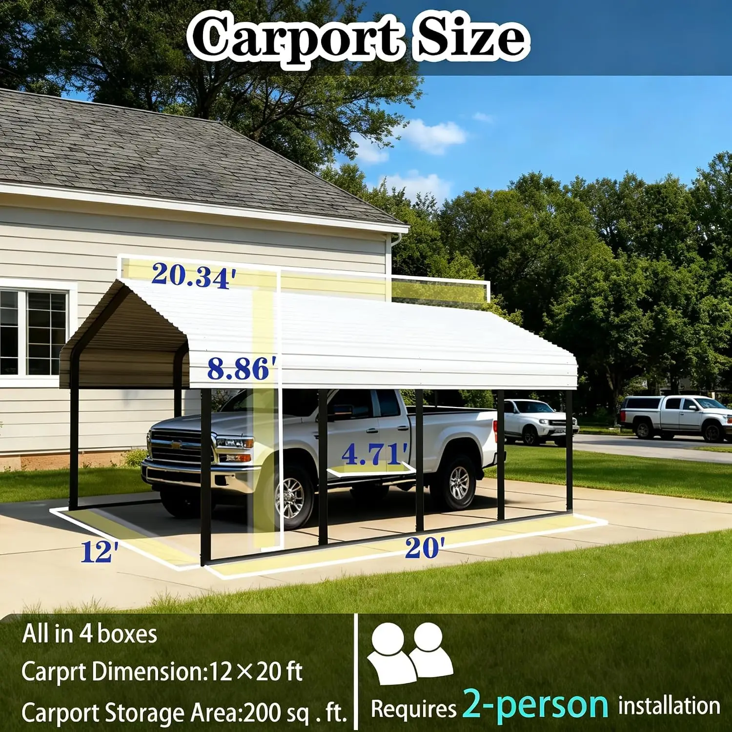 12x20FT Metal Carport with Vertical Roof,White | All-Weather Galvanized Garage,Heavy Duty Carport with Reinforced Base, Custom