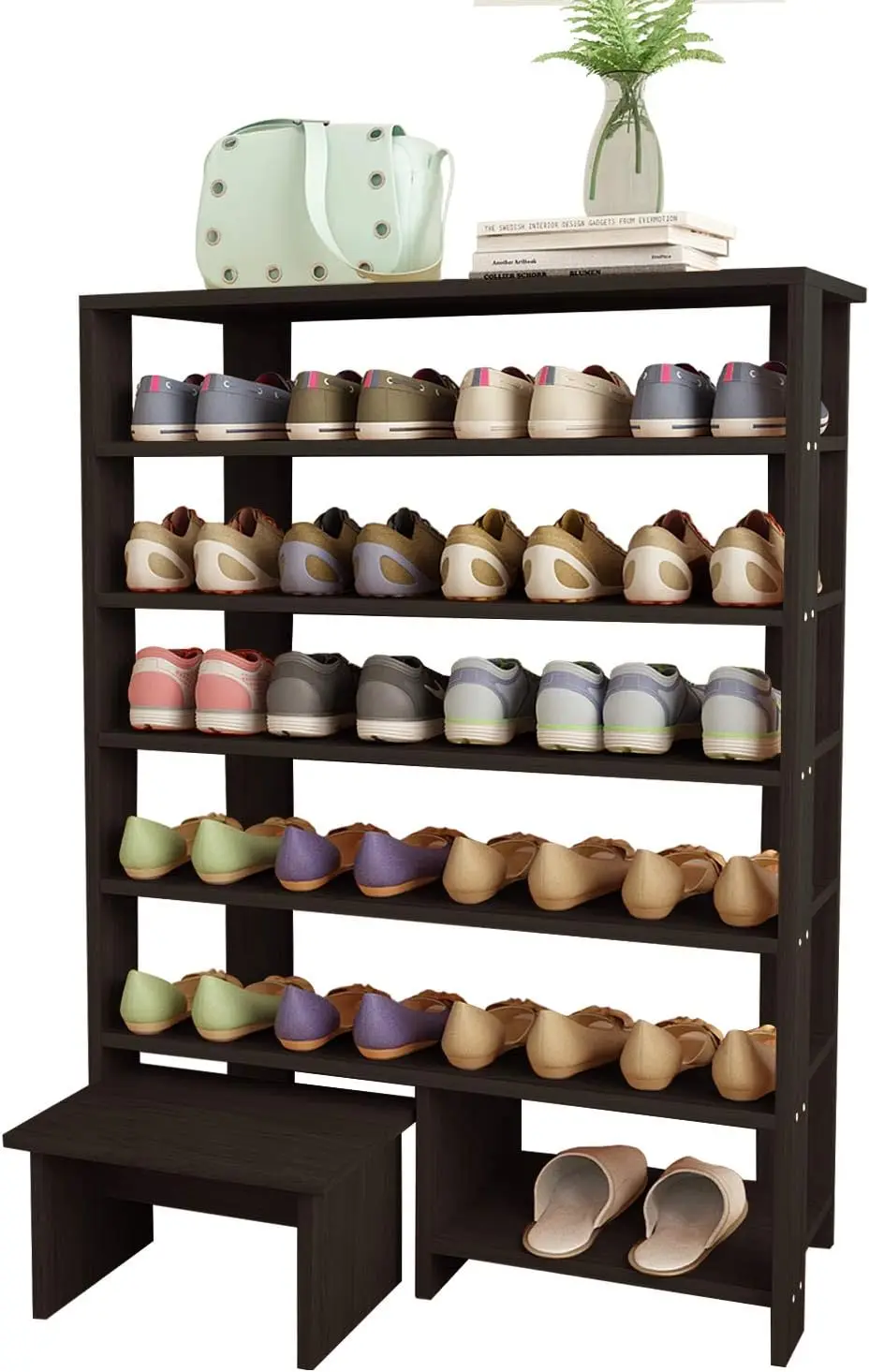 

6 Tier Wood MDF Shelf Shoe Rack with One Footstool/Shoe Storage Shelves Free Standing Flat Shoe Racks Classic Style -103%