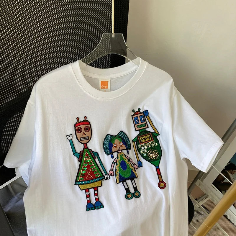 Handmade Embroidery Short Sleeve T-Shirt Women's BF Harajuku Style Top Trendy Cotton round Neck Loose Fit Summer Sun Protection