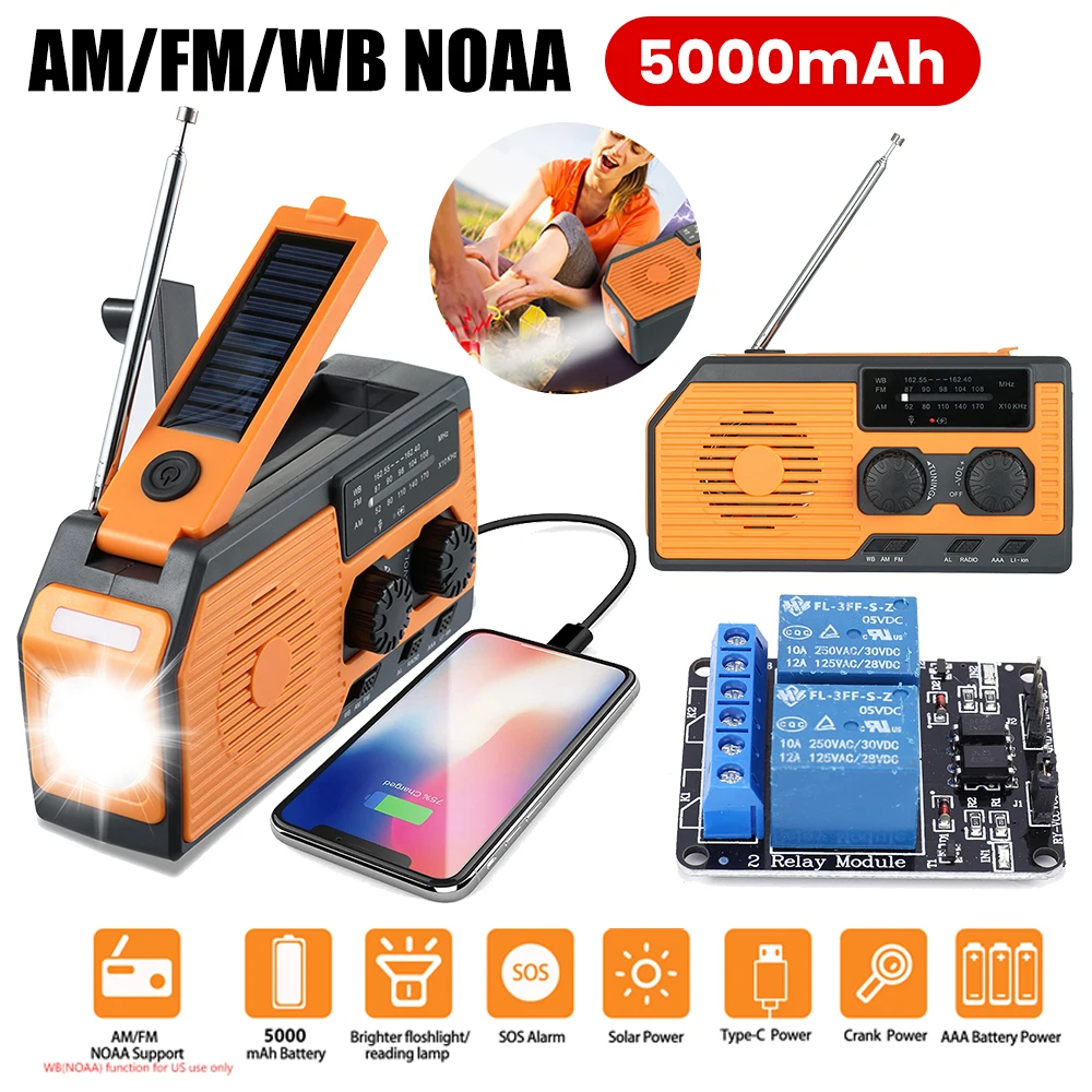 5000mAh Emergency Solar Power Radio USB Charging Hand Crank Radio FM AM WB NOAA Weather Radio with LED Flashlight Power Bank