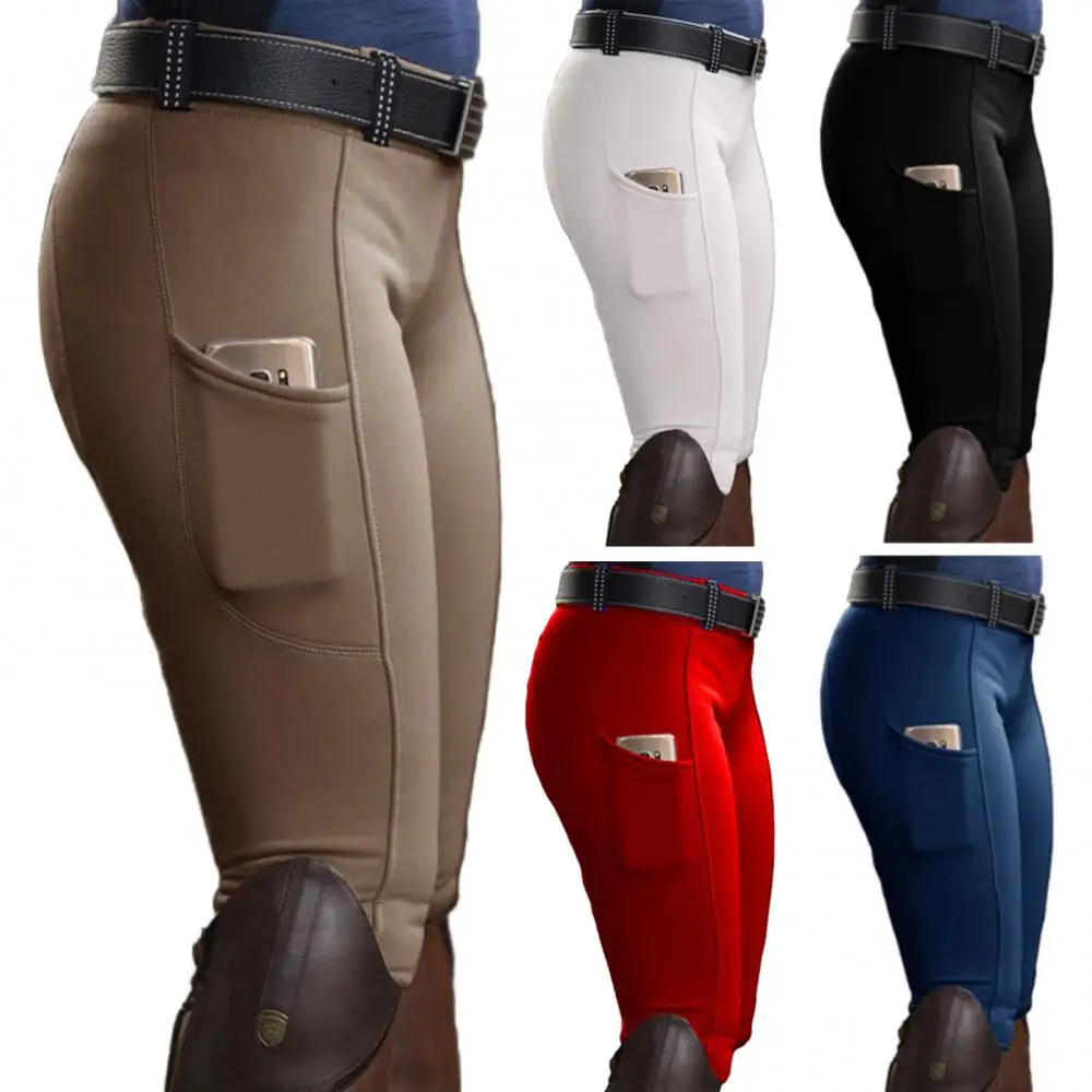 Trousers Solid Color Pants Women Elastic Pocket Hip Lift Equestrian Horse Racing Trousers