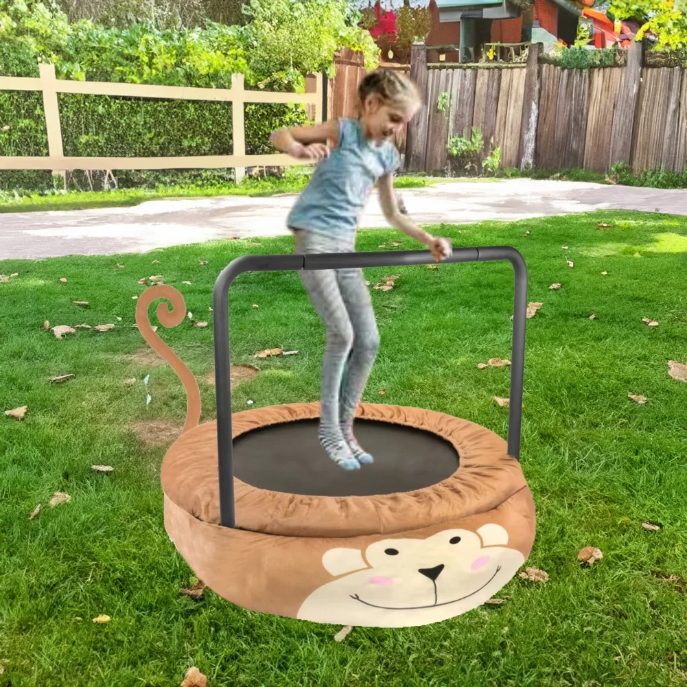 US Stock Kids Trampoline Outdoor Indoor Monkey Shaped Trampoline With Foldable Iron Tube Handlebar For Kids Age 3-7