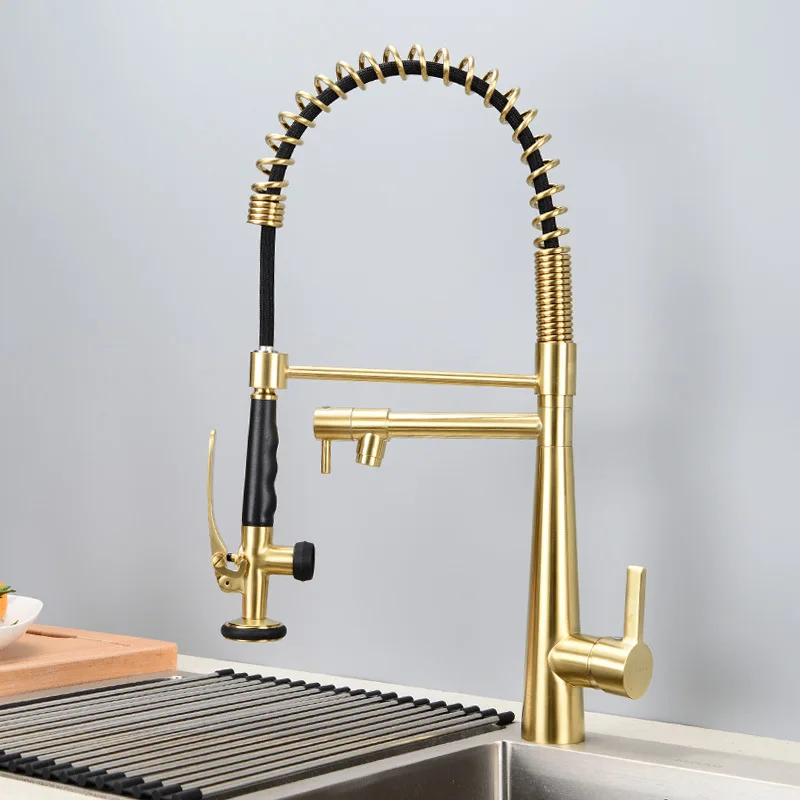 Premium Brushed Nickel Pull-Down Kitchen Faucet with High-Pressure Spray Head Single Hole Brass Retractable Spring Tap Rotatable