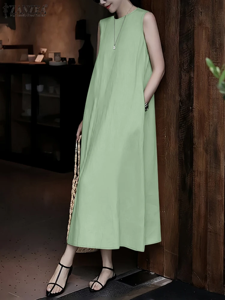 

ZANZEA 2025 Summer Casual Sleeveless Tank Dress Women's O-Neck Solid Color A-line Maxi Dresses Holiday Everyday Robes Femme