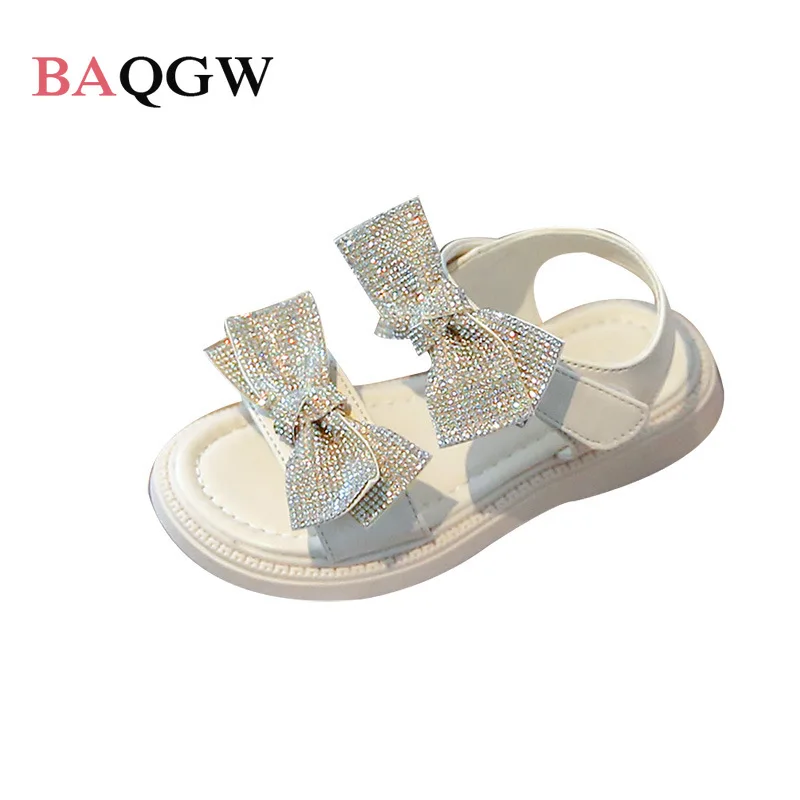 Summer New Children Fashion Shoes for Girl Sweet Rhinestoned Bow Princess Korean Temperament Bright Rhinestone Kids Dress Shoes