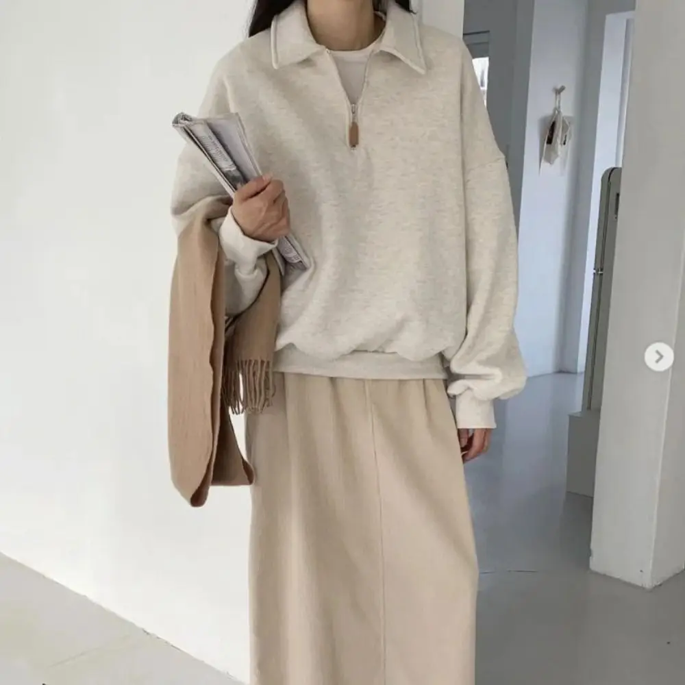 Top informal de manga larga con cuello medio alto para mujer, Top holgado con cremallera, Sudadera con capucha de otoño, ropa coreana, sudaderas para vacaciones
