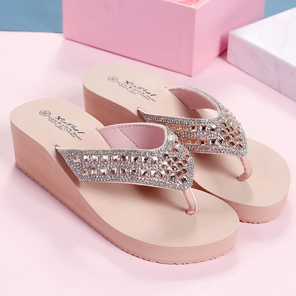 Summer Fashion Rhine Stone Wedge Heel Non-slip Flip-flop Casual beach outdoor breathable shoes for women