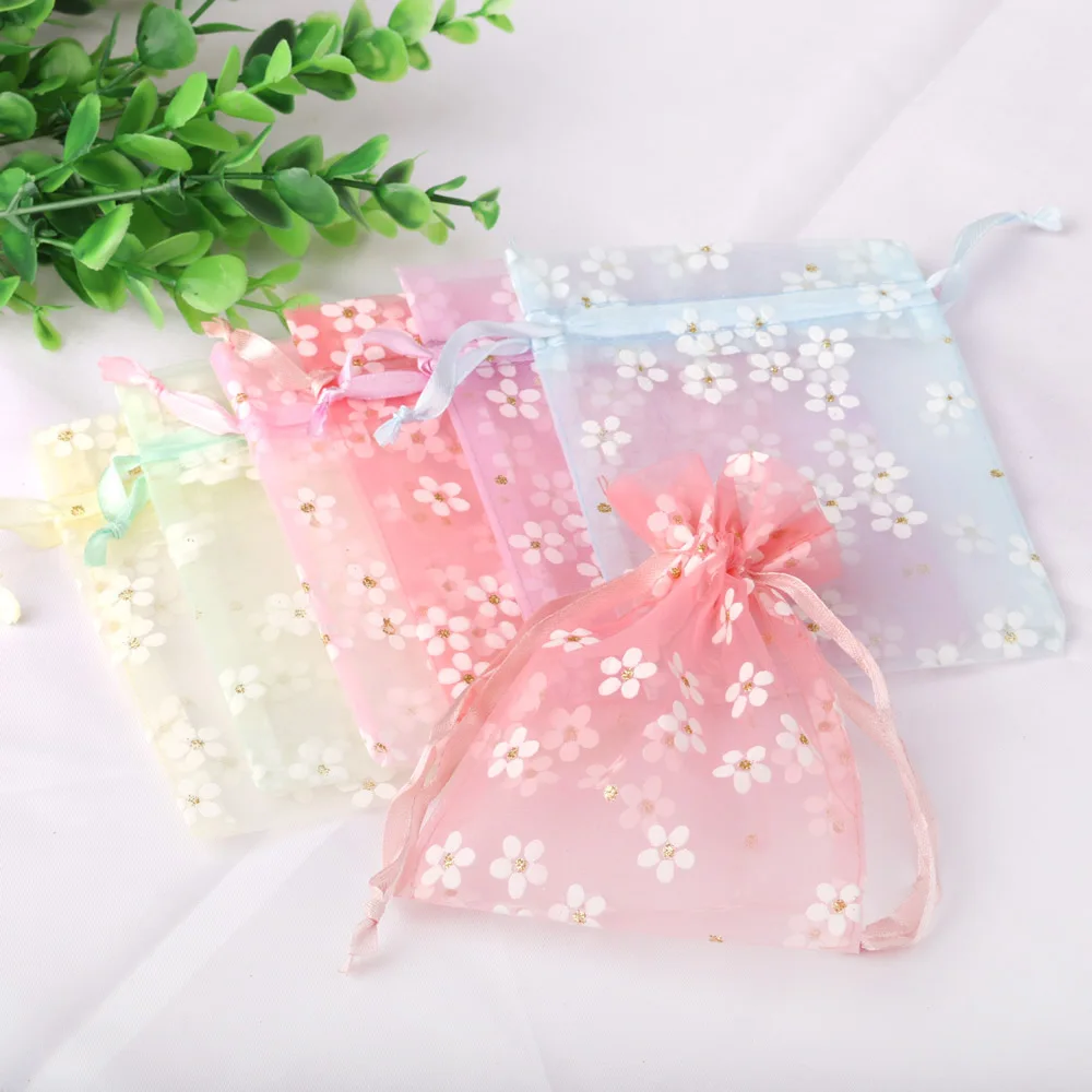 10pcs 10x14cm 13x18cm 16x23cm Light Colors Organza Bags Flower Printing Wedding Candy Packaging Drawstring Pouches Gift Bag