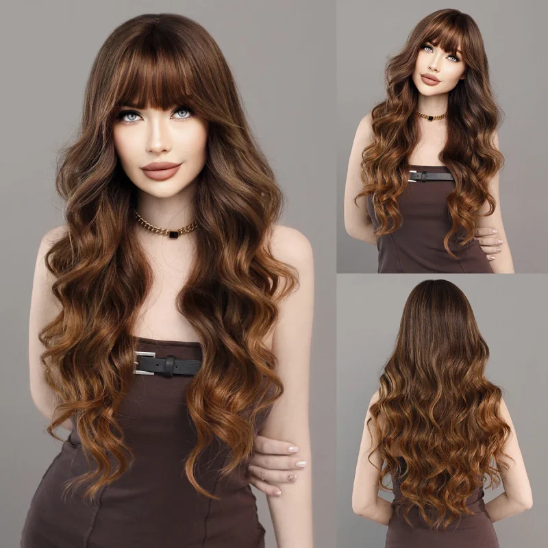 

Women's full-head wig with bangs, golden-brown gradient long curly hair, Korean-style big waves, high-quality synthetic fiber wi