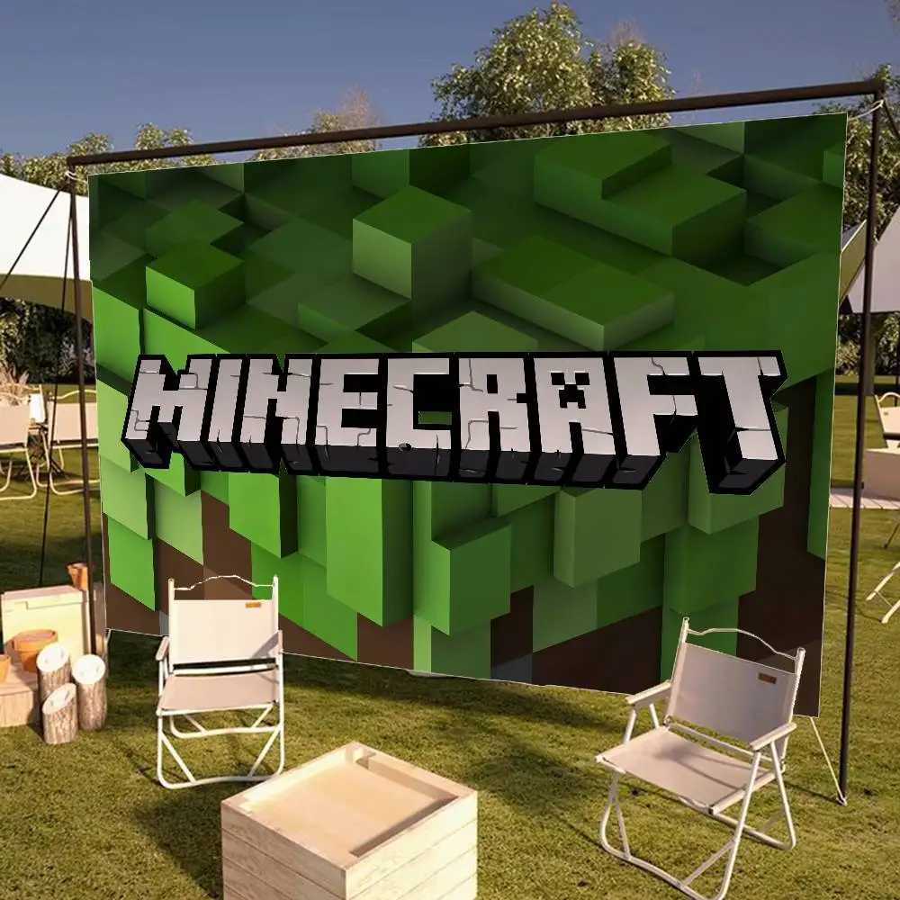 Bannière de décoration d'anniversaire intéressante avec motifs imprimés de grands drapeaux Minecraft pour jeux de sandbox