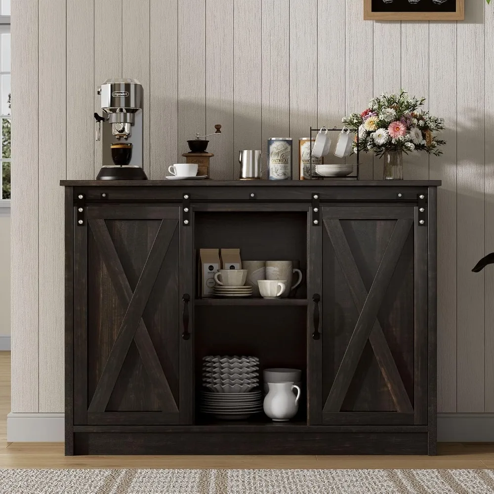 Szafka barowa na kawę z przesuwanymi drzwiami stodołowymi, bufet/szafka boczna 42 cale z miejscem do przechowywania, szafka barowa w stylu farmhouse.
