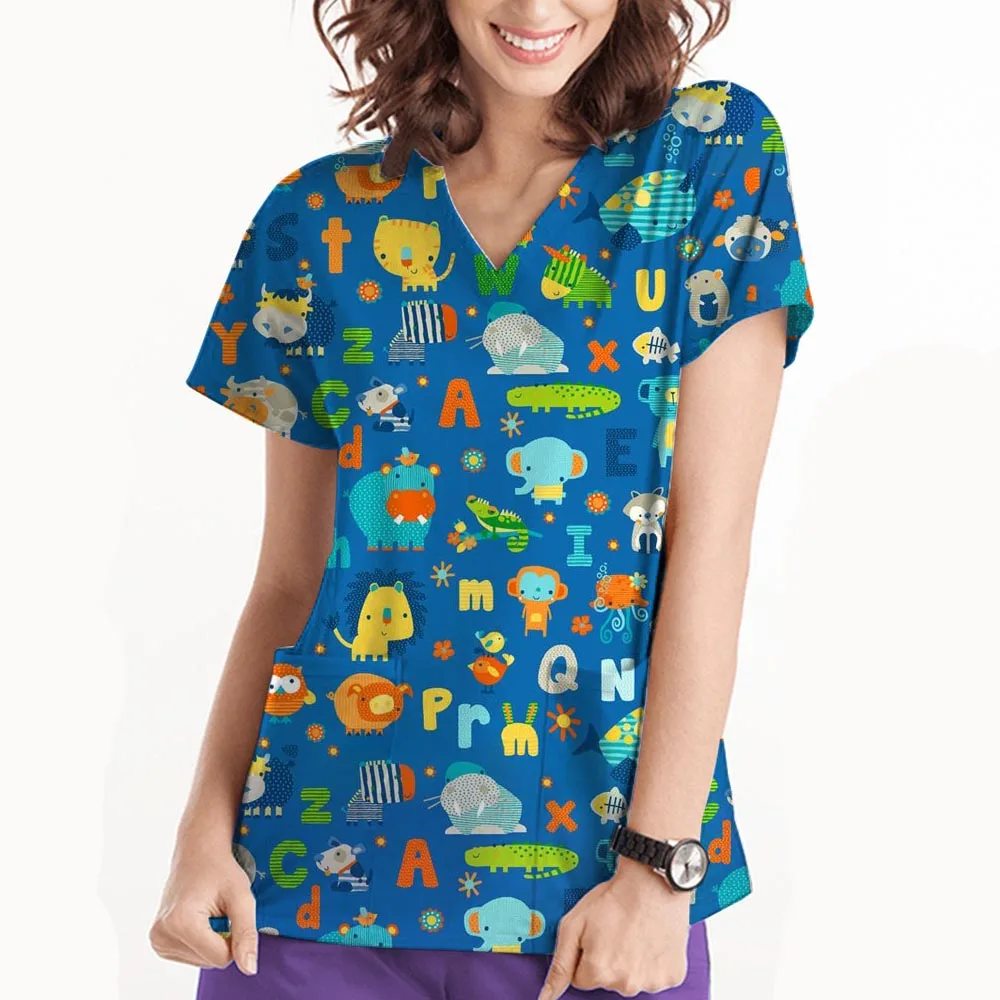 歯科女性の病院制服歯漫画プリント口腔ナーストップス V ネック半袖ポケット Tシャツナース制服女性