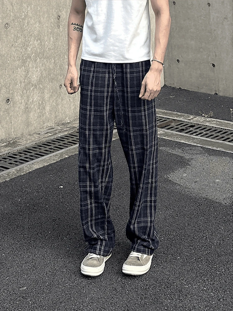 

Американские ретро цветные клетчатые мужские летние тонкие свободные широкие повседневные брюки Lazy Sle прямые брюки свободного покроя