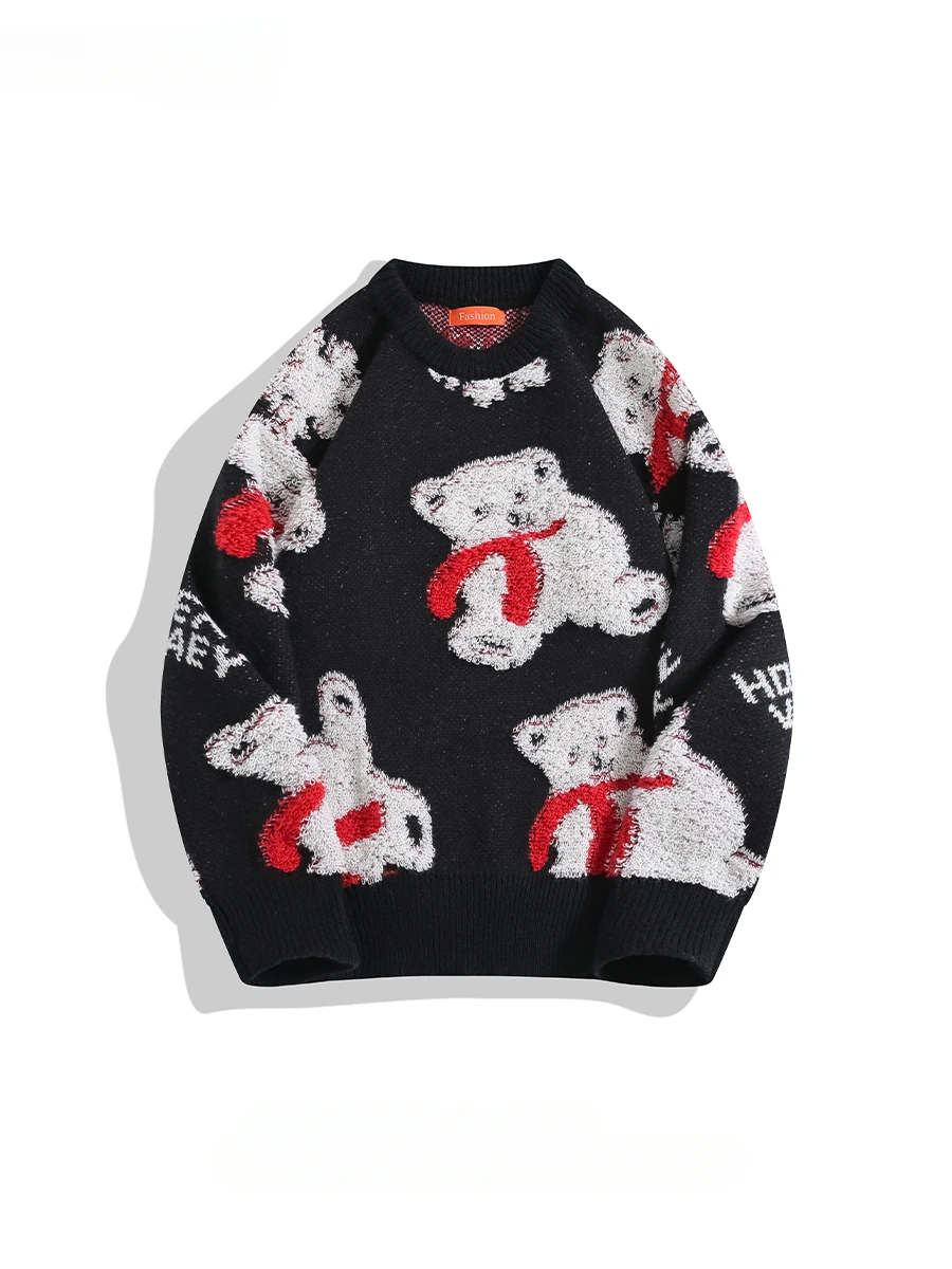 Men and Women American Christmas Bear Jacquard Sweaters Autumn Winter Lazy Style O-neck Casual Versatile Loose Couple Knitwear