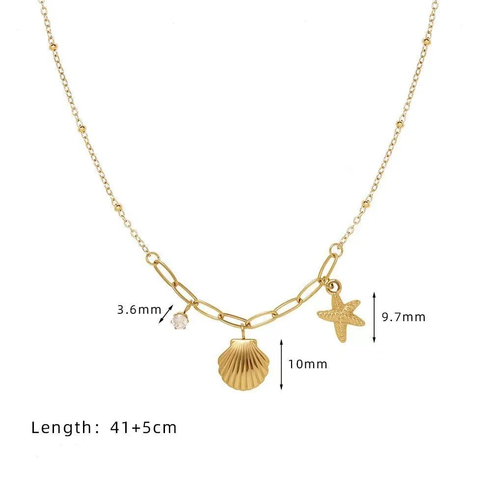 OIMG 316L Stainless Steel Gold Plated Summer Romance Chain Starfish Shell Pendant Necklace For Women Wedding Gift Waterproof