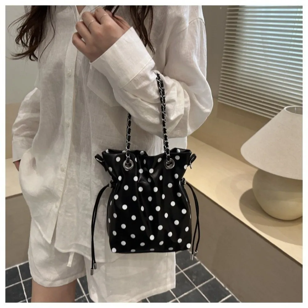 Polka Dot Pattern Drawstring Bucket Bag Chain Strap Minimalist Design Shoulder Bag Compact Size Soft Texture Chain Handbag