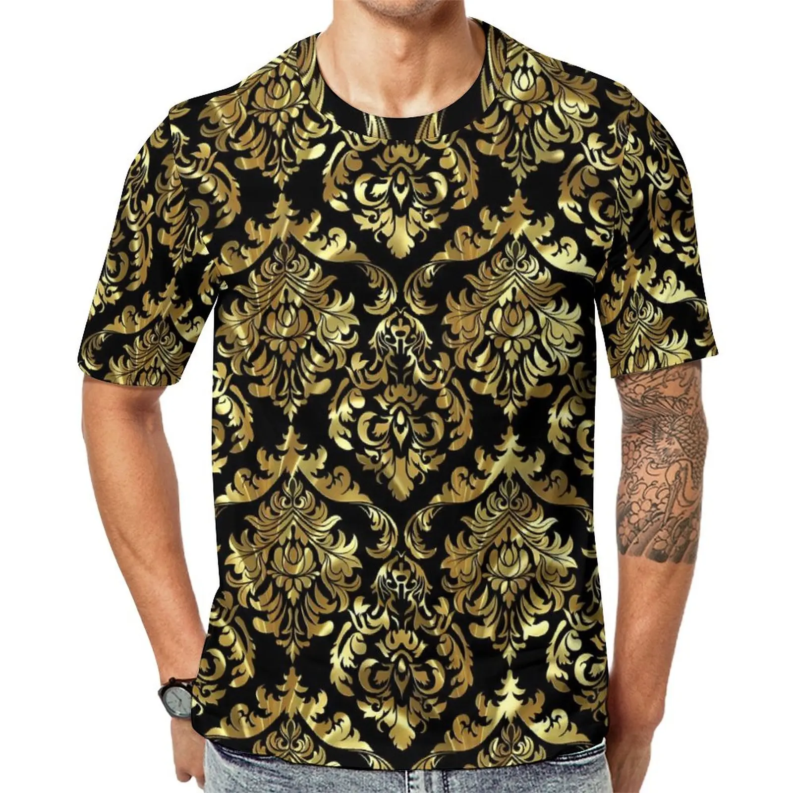 Damask Floral T Shirt For Men Black And Gold Custom O Neck T-Shirts Summer Fashion Tops Short Sleeve Basic Oversize Tees Present