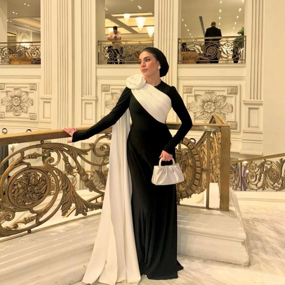 

Customized Long Black&White Crepe Evening Dresses with Cape Mermaid O-Neck فساتين السهرة Floor Length Prom Dress for Women