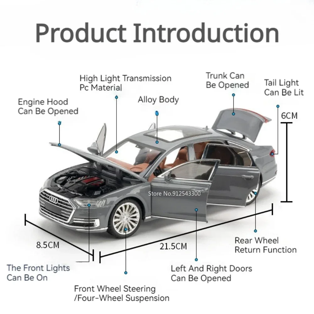 Scala 1:24 RS7 A8 Modello di auto Giocattolo Tirare indietro Suono Luce Lega Diecast Porte Veicoli aperti Modelli in miniatura Collezione di ragazzi Regali