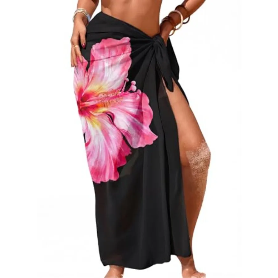 

Herseas Women Sheer Sarong High Slit One Size Swimsuit Coverups 2026 Summer Floral Print Chiffon Wraps Beach Cover Up