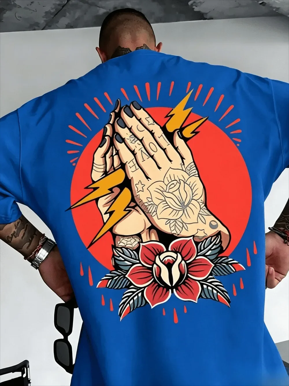 Amerikanisches Retro-Tattoo-Kunst-Gebet, 3D-Druck, atmungsaktiv, schnelltrocknend, lockeres, großes Herren-T-Shirt, Street-Casual-Hip-Hop-Oberteil – Detail 7