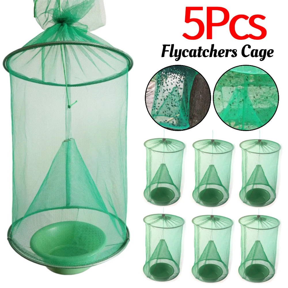 

5Pcs Hanging Fly Killer Net Trap Reusable Folding Insect Catching Traps Flytrap Cage Net Traps Outdoor Garden Hanging Flycatcher