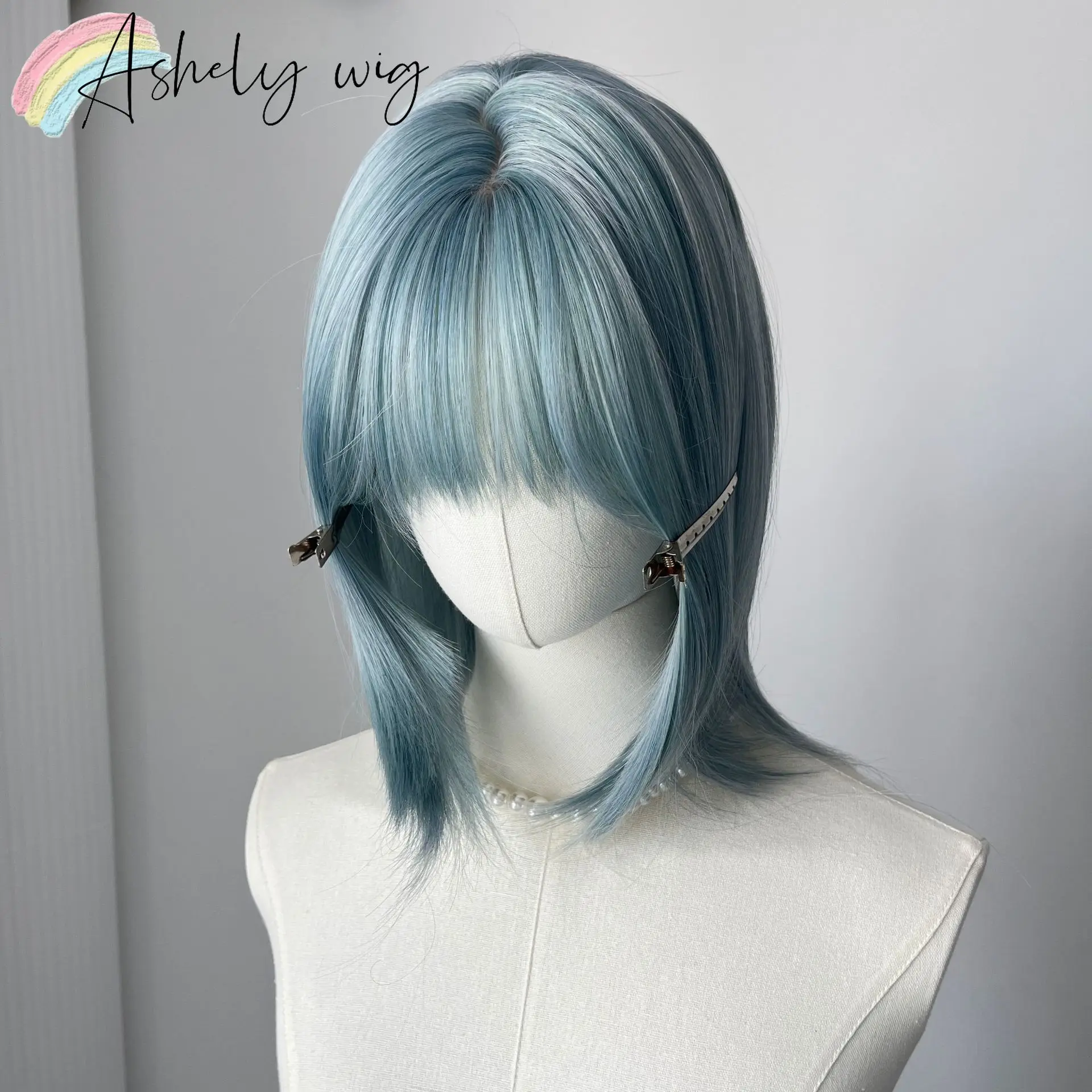 Misty Blue The Wig Features A Mullet Hairstyle Wolf Tail Hairstyle Straight Bangs Collarbone Hair Wig Natural Grayish-blue Color