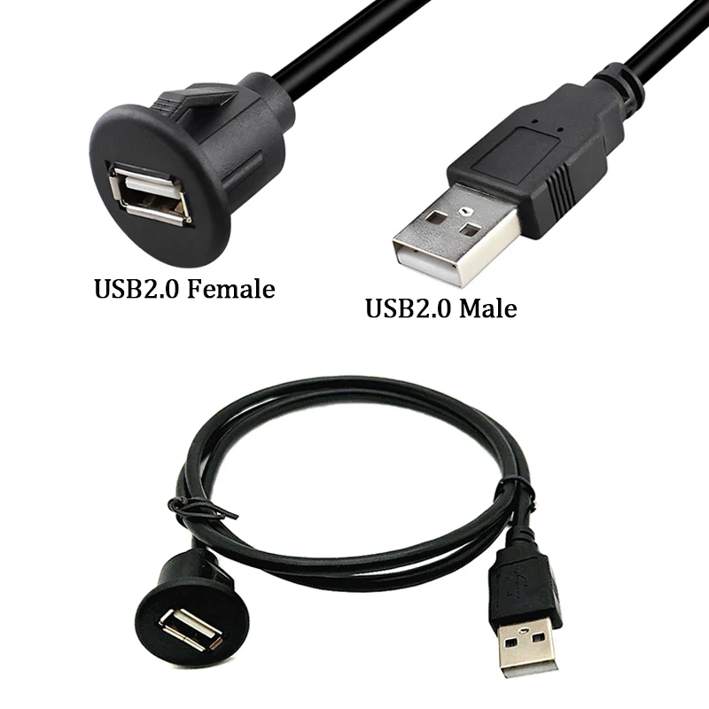 Car Dashboard Flush Mount Panel USB 2.0 Extension Cable, Male to Female Socket Adapter