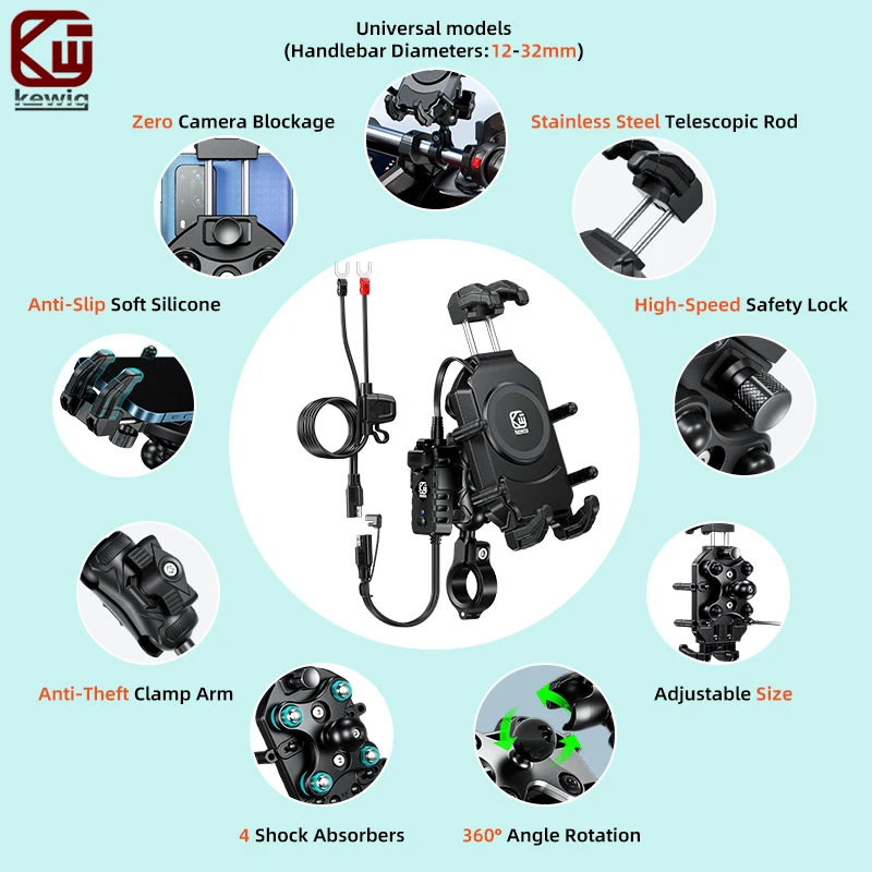 Kewig M26A Motorcycle Phone Holder 15W Wireless Charger 36W USB C Charging Vibration Dampener Anti-Theft Handlebar Phone Mount - view 2