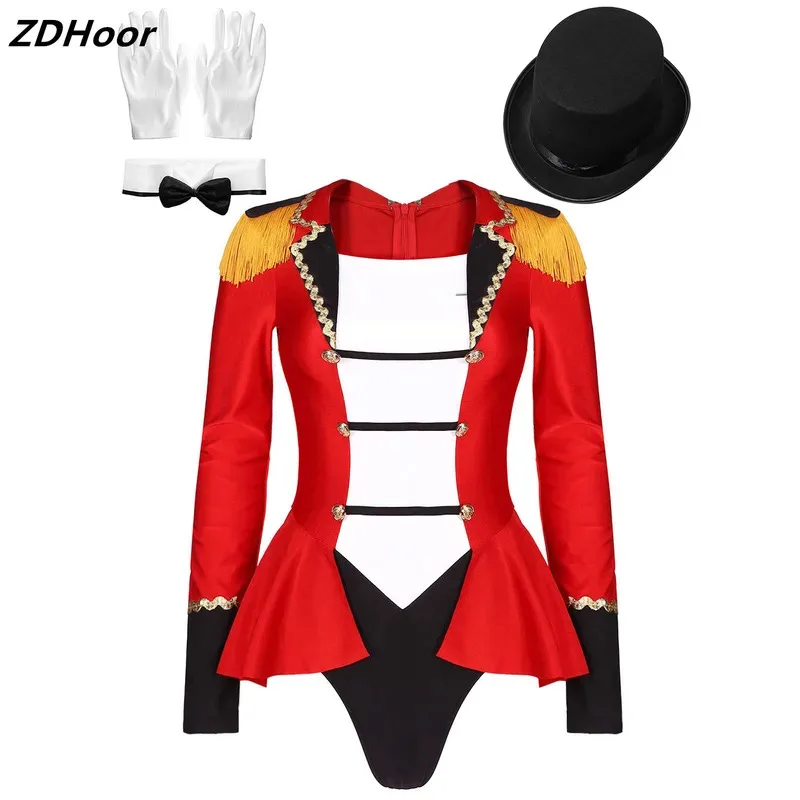 

Women Circus Ringmaster Halloween Costume Set Long Sleeve Lapel Fringed Shoulder Bodysuit with Hat Bow Collar Gloves for Cosplay