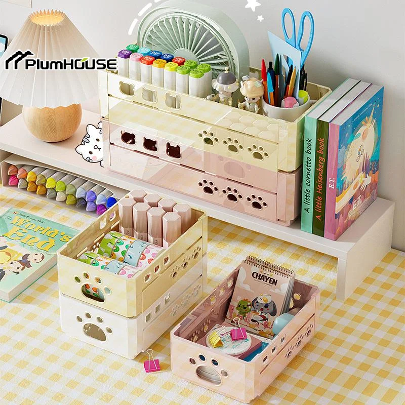 Cartoon Desktop Foldable Storage Basket Hollowed Out Stackable Storage Box Cosmetics Partition Sorting Basket