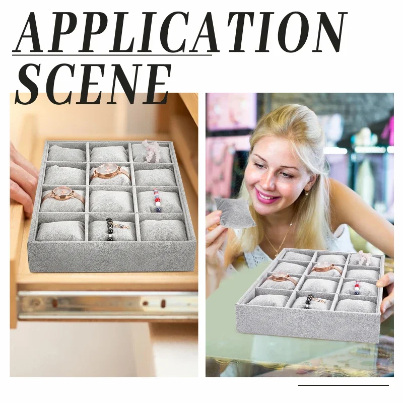 عرض الأساور المخملية ، صينية تنظيم المجوهرات ، 12 شبكة ، وسائد سوار ساعة ، حامل أساور قابل للتكديس ، 1 روض