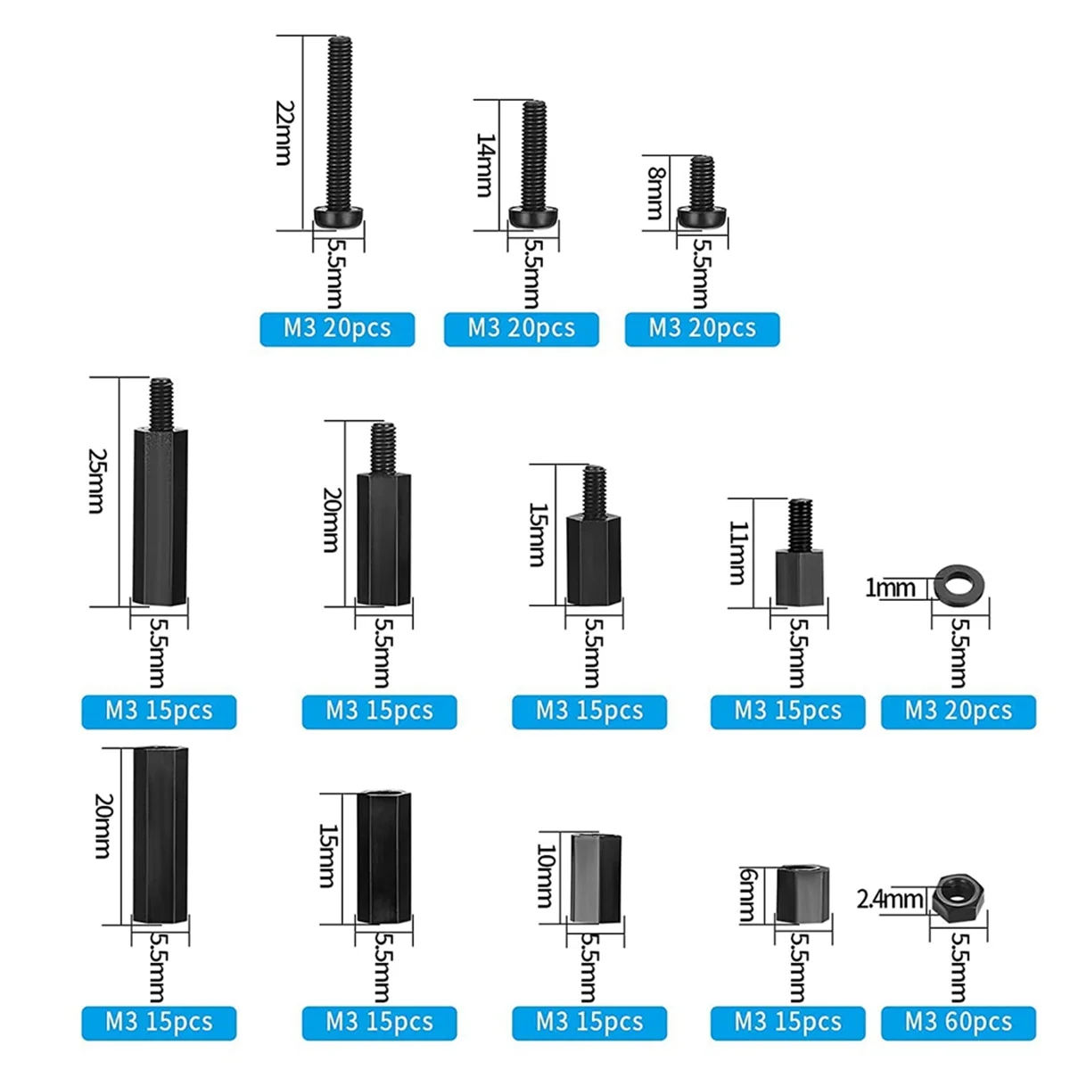 260 Pcs M3 Male Female Nylon Hex Spacer Standoffs Screws Nuts, Nylon Hex Threaded Pillar Spacer - Black