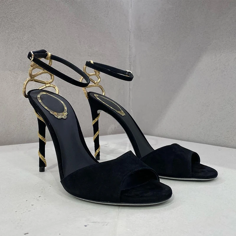 Serpentine Entwined Black Stiletto Heels Summer 2024 New Sexy One Line with Open Toe Round Toe Sandals Women