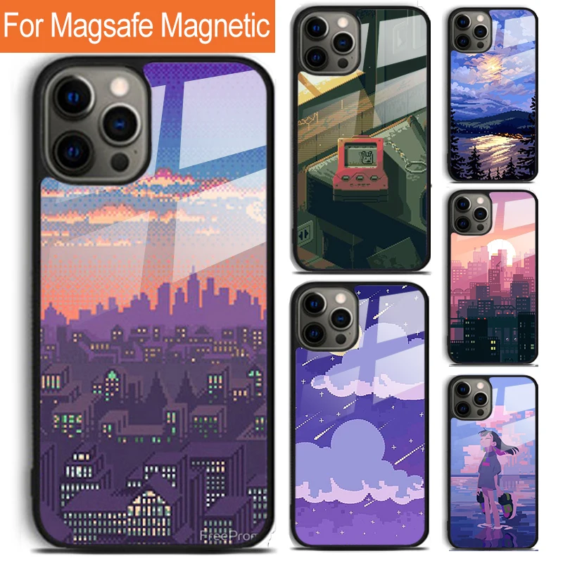 

Чехол для телефона в стиле пиксель-арт для iPhone 17 Air 16 15 14 12 Pro Max Plus с поддержкой MagSafe и беспроводной зарядки