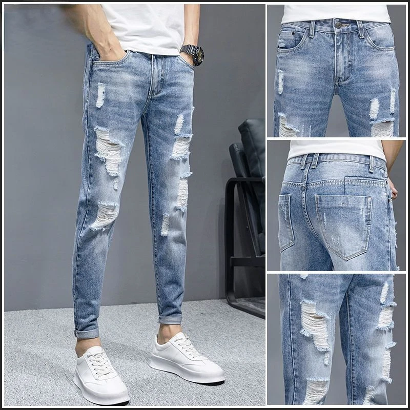 

Fashion Stylish Cowboy Men's Slim Casual Jeans with Ripped Distressed Holes Summer Streetwear Denim Broken Hole Pants Male Q17