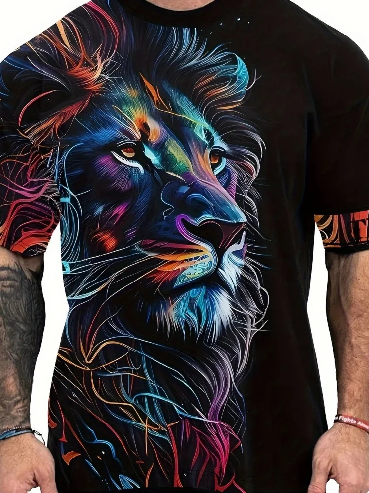جديد رجل تي شيرت كول الأسد تاج ثلاثية الأبعاد مطبوعة الصيف الشارع موضة نمط علوي قصير الأكمام تيز الجولة الرقبة الرجال الصليب تي شيرت #2