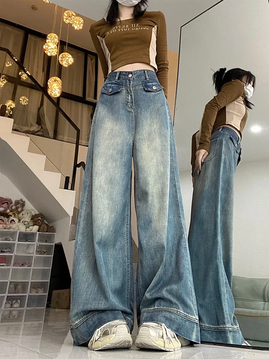 High Waist Wide Leg Jeans Women's Spring Autumn plus Size Vintage Straight Cut Loose Fitting Floor Length Denim Pants