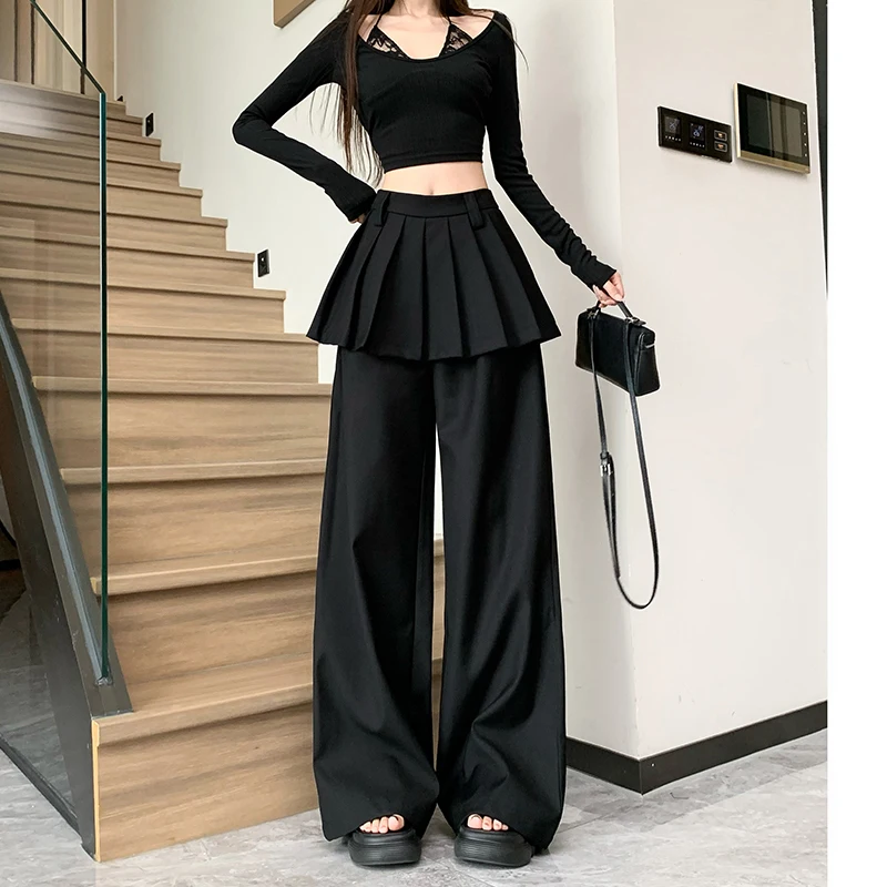 Wide Leg Casual Trousers Women Design Fake Two Pleated Skirt Pants Loose Black Pants Fashion Culottes Pantalones Mujer