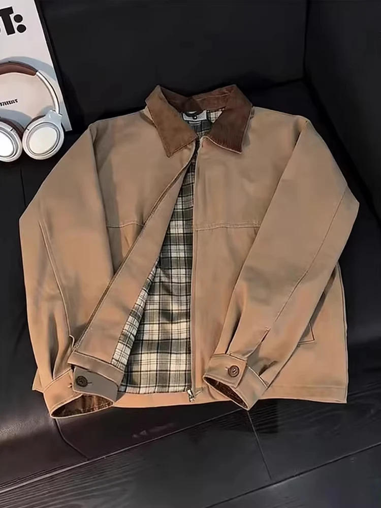 

Spring Baseball Jaet for Boys Khaki Contrast Color Plaid Collar American Retro Detroit Workwear Jaet Youth Casual