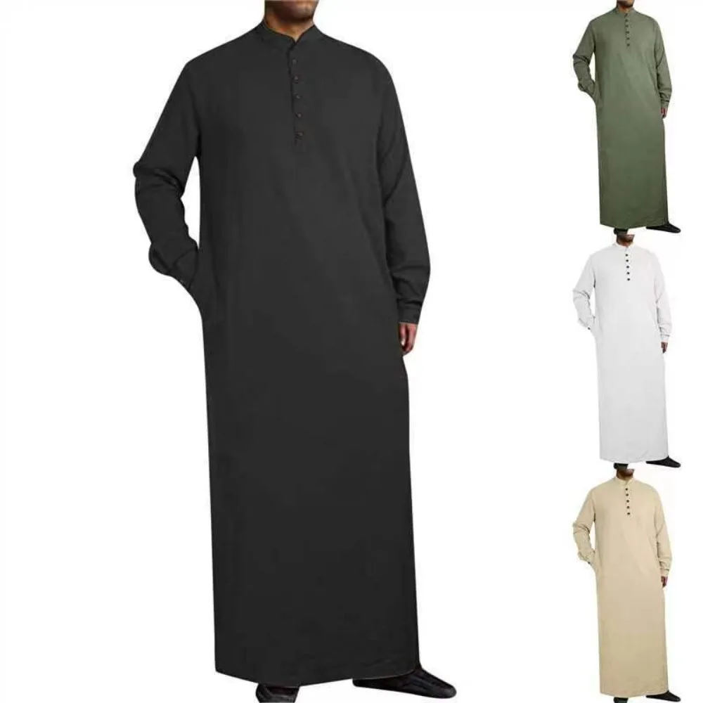 Arabic Style Minimalism Men's Mandarin Collar Buttoned Robe Muslim Prayer Daily Use and Islamic Activities