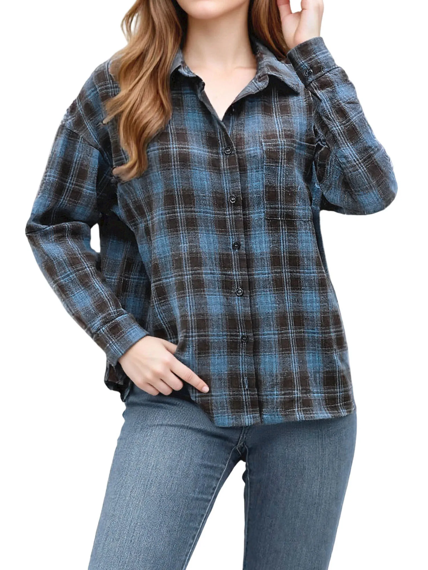 

Women s Autumn Plaid Tops Long Sleeve Turn Down Collar Casual Button Up Shirt with Pocket