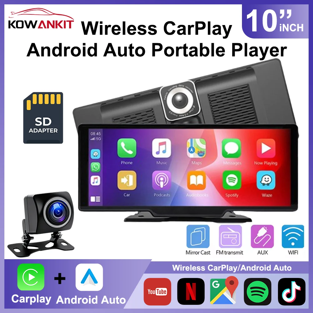 

Универсальный 10-дюймовый мультимедийный экран Bluetooth для автомобиля, беспроводной CarPlay, Android, автомобильный портативный цифровой FM-радио, WIFI KowanKit