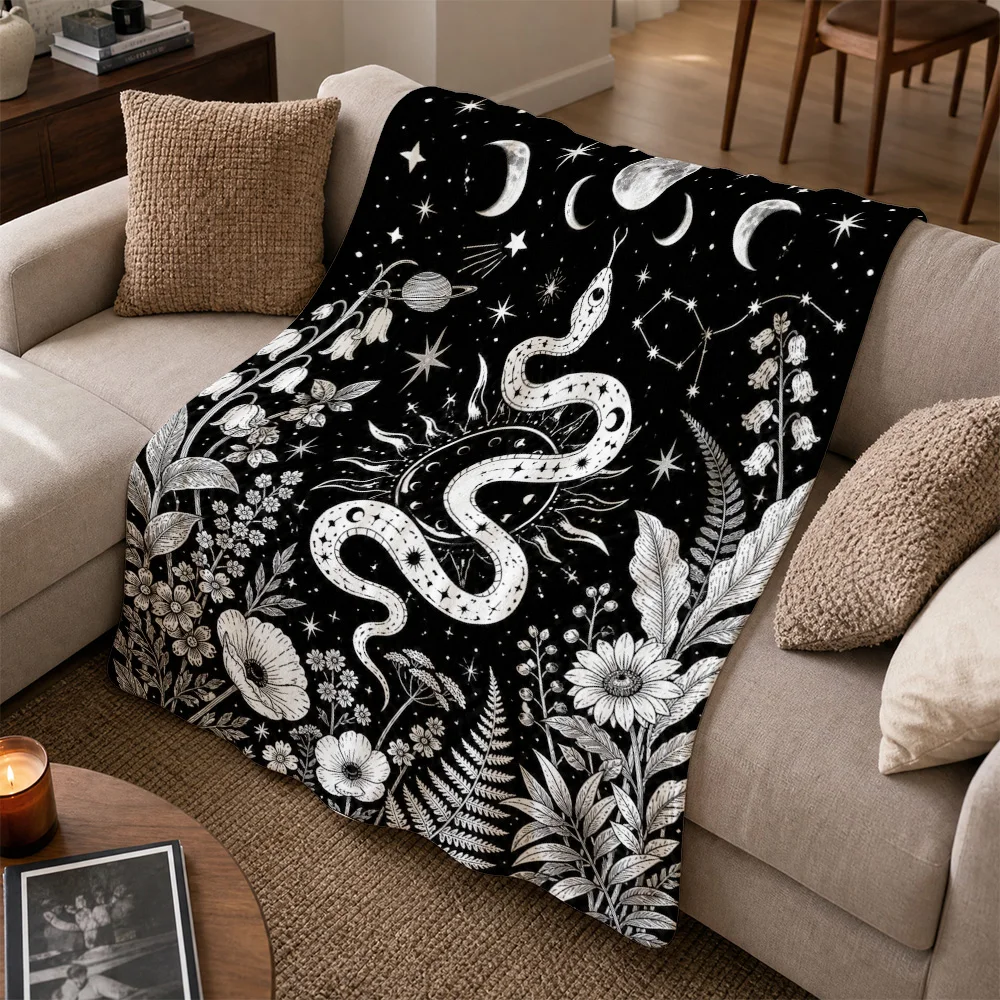 Bohemian Celestial Snake Throw Blanket Astrology Zodiac Moon Stars Floral Witchy Gothic Decor Sofa Couch Accent Gift