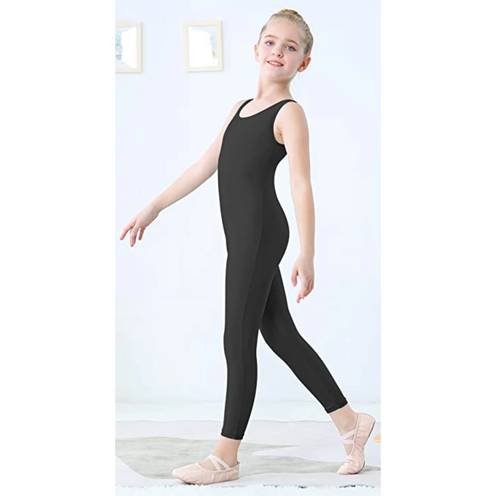 AOYLISEY Girls Black Tank Sleeveless Unitard Gymnastics Bodysuit Boys Spandex Full Body Kids Jumpsuit Scoop Neck Dance Costumes