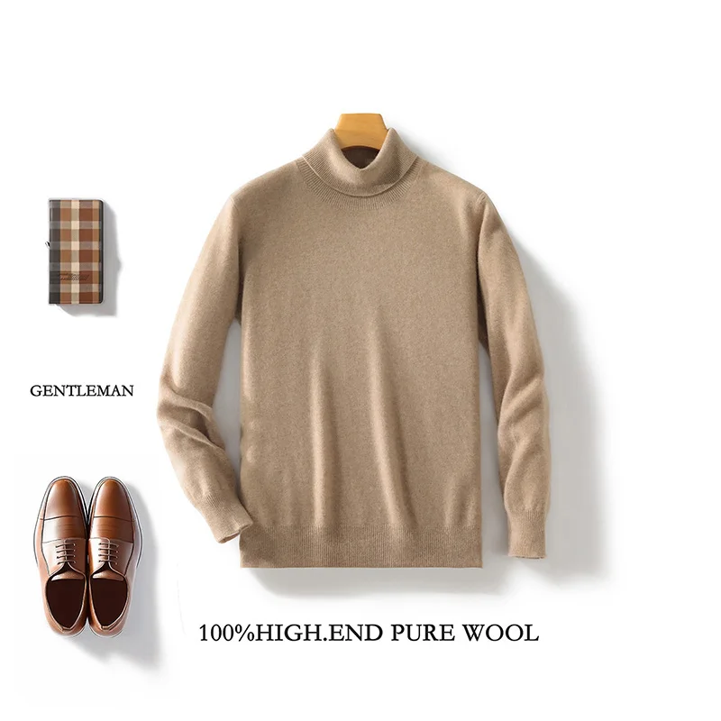 Sweter Lengan Panjang Wol Merino 100% Fashion Pria Atasan Pakaian Warna Solid Hangat Nyaman Kasual Kasmir Pullover Turtleneck