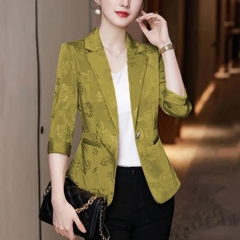 Jacquard Suit Cardigan Solid Color Graphic Printing Pockets Button Blazers Casual Women Clothing Coat 2024 Fall Winter Thin Tops